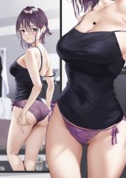1girl ass ass_support bare_shoulders black_eyes blush breasts camisole cleavage closed_mouth collarbone commentary_request covered_navel earrings feet_out_of_frame hair_between_eyes highres indoors jewelry kneepits large_breasts looking_back mirror mole mole_on_breast mole_on_thigh mugika necklace original panties purple_hair purple_panties purple_ribbon reflection ribbon short_hair side-tie_panties solo standing strap_slip underwear underwear_only rating:Questionable score:49 user:danbooru