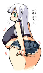  1girl ass breasts covered_erect_nipples denim female_focus from_behind gigantic_breasts green_eyes huge_ass looking_back midriff shorts silver_hair simple_background solo thighs translation_request uccow underboob white_background wide_hips  rating:Sensitive score:30 user:Xander
