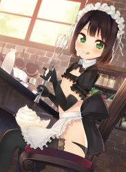  1girl apron bad_anatomy black_gloves black_panties black_thighhighs blush bob_cut bowl breasts brick_wall brown_hair chair cream detached_collar dutch_angle elbow_gloves flat_chest fuzuki_fuuro gloves green_eyes headdress highres holding iku_ki indoors kitchen loli looking_at_viewer maid maid_apron maid_headdress nipple_slip nipples no_bra panties revealing_clothes short_hair short_sleeves sitting small_breasts solo thighhighs tongue tongue_out underwear waist_apron whisk window  rating:Questionable score:143 user:spiderfan