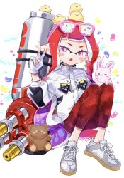  &gt;_&lt; 1girl bear bird chick cross-laced_footwear fang full_body gradient_hair highres hydra_splatling_(splatoon) inkling inkling_girl inkling_player_character jacket long_hair multicolored_hair nintendo open_mouth pants pink_eyes pink_fur pink_hair pointy_ears psya_ma rabbit red_hair red_pants shoes sitting skin_fang solo splatoon_(series) tentacle_hair two-tone_hair v very_long_hair white_background white_jacket 