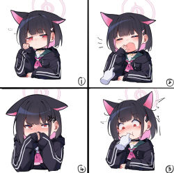  4koma animal_ears blue_archive blush cat_ears comic finger_in_another&#039;s_mouth highres kazusa_(blue_archive) painterliuhao red_eyes school_uniform sleeves_past_wrists upper_body yawning  rating:Sensitive score:5 user:Hullyen