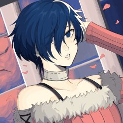  1boy absurdres arm_up blue_eyes blue_hair bobamiruku choker collarbone commentary cosplay crossdressing dutch_angle earrings english_commentary eyelashes falling_petals fur_trim hair_over_one_eye hand_on_own_head highres jewelry long_sleeves looking_at_viewer male_focus off-shoulder_shirt off_shoulder parted_lips persona persona_3 petals pink_petals pink_shirt shadow shirt solo stud_earrings takeba_yukari takeba_yukari_(cosplay) trap upper_body white_choker yuuki_makoto_(persona_3) 