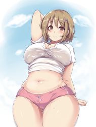 10s 1girl arm_up blue_sky blush breasts brown_eyes brown_hair buruma cameltoe cleavage cloud cowboy_shot curvy day female_focus flower from_below hair_flower hair_ornament highres hip_focus idolmaster idolmaster_cinderella_girls large_breasts midriff mimura_kanako moisture_(chichi) navel pink_buruma plump short_hair short_shorts shorts sky smile solo sweat thick_thighs thigh_gap thighs wide_hips rating:Questionable score:320 user:danbooru