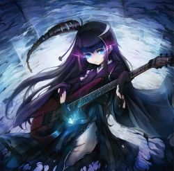  10s 1girl abyssal_ship ancient_destroyer_princess black_hair blue_eyes commentary_request drill_hair gloves glowing glowing_eye guitar highres instrument japanese_clothes kajaneko kantai_collection kimono long_hair meiji_schoolgirl_uniform plectrum side_ponytail solo torn_clothes  rating:Sensitive score:11 user:danbooru