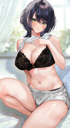  1girl bare_shoulders black_bra black_hair blush bra breasts cleavage clothes_lift green_eyes grey_shorts highres large_breasts lifted_by_self looking_at_viewer minamihama_yoriko navel original shirt shirt_lift short_shorts shorts solo stomach thighs underwear white_shirt 