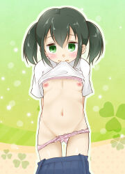  1girl black_hair blue_skirt blush bra bra_lift closed_mouth clothes_lift clover cowboy_shot female_focus flat_chest green_eyes groin highres kazuya_lolicon loli looking_at_viewer mouth_hold navel nipples original overall_skirt panties pink_bra pink_panties pleated_skirt polka_dot polka_dot_panties pussy pussy_peek shirt shirt_lift short_hair short_twintails sidelocks skirt solo straight-on thighs twintails underwear white_shirt 