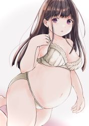  1girl absurdres arm_up artist_request belly bra breasts brown_hair chitanda_eru collarbone dot_nose frilled_bra frilled_panties frills highres hyouka kneeling long_hair looking_at_viewer medium_breasts navel nini_(nnym) open_mouth panties plump purple_eyes shadow sidelocks simple_background solo tareme thick_thighs thighs underwear underwear_only white_background  rating:Sensitive score:27 user:danbooru
