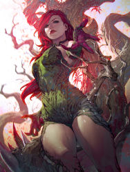 1girl backlighting batman_(series) blood blood_on_hands breasts commentary dc_comics dress english_commentary florakinesis from_below green_dress highres kael_ngu long_hair looking_down medium_breasts open_hands parted_lips poison_ivy realistic red_hair solo spikes tree rating:Sensitive score:23 user:danbooru