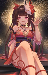  1girl absurdres aerial_fireworks bare_shoulders black_hair breasts commentary_request detached_sleeves fireworks fox_mask hand_up highres honkai:_star_rail honkai_(series) japanese_clothes kimono legs long_hair looking_at_viewer mask mask_on_head mole mole_under_each_eye mole_under_eye multiple_moles night night_sky obi open_mouth purple_eyes red_kimono sash sitting sky small_breasts smile solo sparkle_(honkai:_star_rail) suke_(suke_oekaki) thighs twintails 