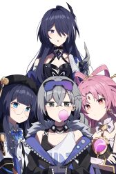  4girls absurdres acheron_(honkai:_star_rail) armor bandaged_arm bandages bare_shoulders black_choker black_gloves black_hat black_jacket blowing_bubbles blue_eyes bow bow-shaped_hair breasts cellphone chewing_gum choker closed_mouth coat collar commentary_request criss-cross_halter crossed_arms detached_collar earrings fingerless_gloves forehead_jewel fu_xuan_(honkai:_star_rail) fur-trimmed_jacket fur_trim glasses gloves grey_hair hair_between_eyes hair_bow hair_ornament hair_over_one_eye hair_rings halterneck hat highres holding holding_phone honkai:_star_rail honkai_(series) jacket jewelry katr5878 korean_commentary large_breasts light_blush long_hair looking_at_viewer looking_to_the_side medium_breasts medium_hair multicolored_hair multiple_girls open_clothes open_jacket open_mouth pela_(honkai:_star_rail) phone pink_hair purple_eyes purple_hair red_eyes shirt shoulder_armor silver_wolf_(honkai:_star_rail) simple_background single_bare_shoulder small_breasts smartphone streaked_hair sweatdrop unworn_eyewear very_long_hair white_background white_coat white_collar white_gloves white_jacket white_shirt 