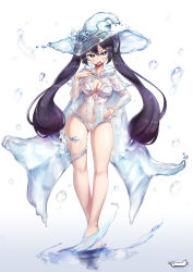 1girl absurdres alternate_costume bare_legs black_hair blush breasts bright_pupils cape cleavage commentary_request covered_navel detached_sleeves genshin_impact green_eyes hair_between_eyes hand_up hapy_(parkhyunjae9494) hat highres korean_commentary legs leotard long_hair looking_at_viewer medium_breasts mona_(genshin_impact) open_mouth see-through sidelocks solo standing standing_on_liquid swept_bangs thighlet transparent_clothes twintails v-shaped_eyebrows water water_drop wet white_background white_pupils witch_hat rating:Sensitive score:38 user:danbooru
