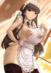  1girl absurdres apron blush breasts brown_eyes brown_hair cowboy_shot dripping frilled_apron frills hand_on_own_hip haraya_manawari highres hot large_breasts long_hair maid maid_apron maid_day maid_headdress naked_apron nipples original see-through sideboob solo standing steaming_body sweat thighhighs waist_apron white_apron 