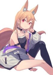  1girl animal_ear_fluff animal_ears between_legs black_choker black_tank_top black_thighhighs blonde_hair breasts choker extra_ears fox_ears fox_girl fox_tail hand_between_legs hand_on_own_chest head_rest jacket long_hair long_sleeves looking_at_viewer no_pants off_shoulder open_clothes open_jacket original peroncho red_eyes simple_background single_thighhigh sitting small_breasts smile tail tank_top thighhighs white_background white_jacket 