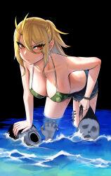  1girl 2others asphyxiation beads bikini blonde_hair bracelet breasts camouflage camouflage_bikini denim drowning furyou_taimashi_reina hanging_breasts jeans jewelry large_breasts looking_to_the_side multiple_others ocean official_alternate_costume official_art orange_eyes otosama pants prayer_beads shorts suzuno_reina swimsuit water 