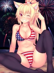 1girl aerial_fireworks american_flag_bikini american_flag_print animal_ear_fluff animal_ears bare_arms bare_shoulders bikini black_thighhighs blonde_hair blush breasts cameltoe cat_ears cleavage collarbone commentary english_commentary fireworks flag_print grin hair_between_eyes hand_up high_ponytail highres knee_up large_breasts long_hair navel night night_sky no_shoes nottytiffy one_eye_closed original outdoors ponytail print_bikini red_eyes sidelocks sitting sky smile solo swimsuit thighhighs tiffy_(nottytiffy) watermark web_address rating:Questionable score:41 user:danbooru