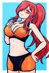  1girl alternate_hairstyle blue_background breasts cleavage cowboy_shot glasses hair_over_one_eye hand_on_own_chest hand_on_own_hip large_breasts long_hair looking_at_viewer navel official_alternate_costume parasoul_(skullgirls) pata_n ponytail red_hair skullgirls smile solo swimsuit yellow_eyes 
