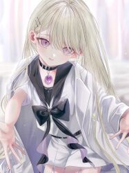  1girl absurdres beckoning black_bow black_collar blonde_hair blush bow coat coat_on_shoulders collar commentary gem hair_ornament hairclip highres long_hair looking_at_viewer msa_(fary_white) original phalaenopsis_(msa_(fary_white)) purple_eyes reaching reaching_towards_viewer sailor_collar smile solo very_long_hair white_coat 