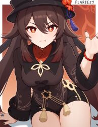  1girl black_nails breasts brown_jacket flareza flower-shaped_pupils genshin_impact hair_between_eyes hat hat_ornament highres hu_tao_(genshin_impact) jacket jewelry looking_at_viewer medium_breasts multiple_rings petals ring shorts solo symbol-shaped_pupils thighs twintails 