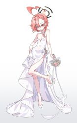  1girl ahoge alternate_costume asymmetrical_bangs bandaid bandaid_on_foot bare_arms bare_legs bare_shoulders blue_archive blush bouquet braid breasts cleavage dress extreme_dangling flower full_body hair_flower hair_ornament halo high_heels highres holding holding_bouquet looking_at_viewer mole mole_under_eye neru_(blue_archive) off-shoulder_dress off_shoulder orange_hair picter pink_flower pink_rose red_eyes rose shoe_dangle short_hair simple_background single_braid skirt_hold small_breasts solo standing standing_on_one_leg wedding_dress white_background white_dress white_footwear  rating:Sensitive score:18 user:danbooru