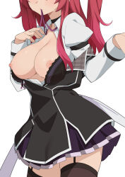  1girl black_jacket breasts breasts_out brown_thighhighs commentary_request garter_straps head_out_of_frame highres jacket large_breasts long_sleeves looking_at_viewer medium_hair morisobo mouth_hold nipples purple_ribbon purple_skirt rakudai_kishi_no_cavalry red_hair ribbon simple_background skirt solo stella_vermillion sweat sweatdrop thighhighs white_background white_sleeves 
