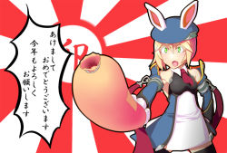  1girl akikan1111 animal_ears arc_system_works black_thighhighs blazblue blonde_hair detached_sleeves female_focus food gloves green_eyes necktie noel_vermillion open_mouth rabbit_ears red_ribbon ribbon sausage short_hair solo thighhighs translation_request uniform 