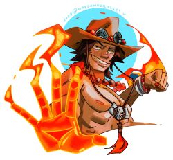  1boy 2023 black_hair bracelet circle clenched_hand commentary english_commentary fire freckles grin hat highres jewelry keysandcrosses log_pose looking_ahead male_focus necklace one_piece orange_hat pearl_necklace portgas_d._ace short_hair smile solo topless_male twitter_username 