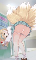  1girl absurdres after_vaginal aftersex animal_ear_fluff animal_ears anus arknights ass bar_censor bent_over blonde_hair blue_skirt blush brown_footwear can censored clothes_lift cum cum_in_pussy drink_can female_focus fox_ears fox_girl fox_tail from_behind green_eyes hairband highres indoors kneepits legs loli long_hair looking_back multiple_tails n3moni open_mouth panties panty_pull pleated_skirt presenting pussy pussy_juice shoes skirt skirt_lift socks soda_can solo suzuran_(arknights) sweater tail thighs underwear vending_machine wet wet_clothes wet_panties white_panties white_socks white_sweater  rating:Explicit score:174 user:danbooru
