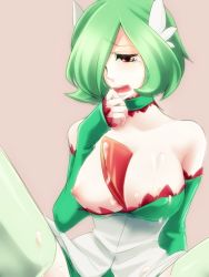  1girl bare_shoulders breasts choker cum gardevoir gen_3_pokemon green_hair hair_over_one_eye large_breasts nayoha_(seven) nipples personification pokemon red_eyes solo spread_legs tears thighhighs un_seven wavy_mouth  rating:Explicit score:71 user:twilight_jester