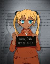  blonde_hair blue_eyes dark_skin highres mugshot prison  rating:Sensitive score:0 user:Tina_Tang