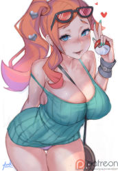 1girl between_breasts blue_eyes blurry breasts breath camisole cleavage cowboy_shot creatures_(company) depth_of_field eyewear_on_head fingernails game_freak glasses gtunver heart highres holding holding_poke_ball large_breasts leaning_forward long_fingernails long_hair looking_at_viewer nail_polish nintendo no_pants orange_hair panties parted_bangs parted_lips patreon_logo pink_panties poke_ball pokemon pokemon_swsh ribbed_shirt shirt side_ponytail single_sidelock smile solo sonia_(pokemon) strap_between_breasts strap_slip sweat thigh_gap thighs underwear v watermark wristband rating:Sensitive score:134 user:danbooru