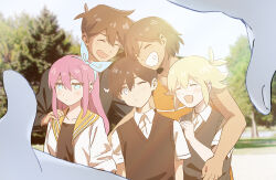  2girls 4boys antenna_hair arm_around_shoulder arms_at_sides aubrey_(faraway)_(omori) aubrey_(omori) bare_arms basil_(faraway)_(omori) basil_(omori) black_hair black_shirt black_sweater_vest blonde_hair blue_eyes blue_hairband blush brothers brown_hair closed_eyes closed_mouth collarbone collared_shirt colored_skin erimageru facing_another fingernails green_sweater_vest grin hair_behind_ear hair_between_eyes hairband hand_on_another&#039;s_shoulder hands_up head_tilt hero_(faraway)_(omori) hero_(omori) highres jacket kel_(faraway)_(omori) kel_(omori) long_hair long_sleeves looking_ahead looking_at_viewer mari_(faraway)_(omori) mari_(omori) multiple_boys multiple_girls official_alternate_eye_color omori one_eye_closed open_clothes open_jacket open_mouth orange_sailor_collar orange_tank_top outdoors own_hands_together photo_background pov sailor_collar shirt short_hair short_sleeves siblings sidelocks smile sunny_(omori) sweater_vest tank_top tree upper_body white_eyes white_jacket white_shirt white_skin white_trim 