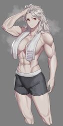  1girl abs absurdres albino biceps bike_shorts breasts character_name cowboy_shot dorohedoro expressionless highres large_breasts muscular muscular_female noi_(dorohedoro) red_eyes simple_background solo soolee040995 steam steaming_body thick_thighs thighs toned towel towel_around_neck white_hair  rating:Sensitive score:44 user:danbooru