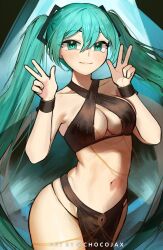  1girl aqua_eyes aqua_hair bare_shoulders breasts chocojax commentary cowboy_shot criss-cross_halter double_w halterneck hands_up hatsune_miku highres long_hair looking_at_viewer medium_breasts navel pelvic_curtain smile solo standing stomach thighs twintails very_long_hair vocaloid w wristband 