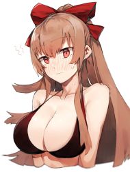1girl azur_lane bad_id bad_twitter_id bare_shoulders bikini black_bikini blush bow breasts brown_hair collarbone commentary_request cropped_torso full-face_blush hair_between_eyes hair_bow halterneck large_breasts looking_at_viewer red_bow red_eyes sidelocks simple_background solo suminagashi sweat swiftsure_(azur_lane) swimsuit upper_body white_background rating:Sensitive score:26 user:danbooru