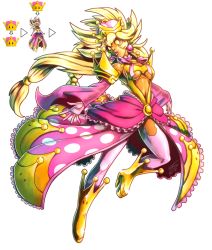  1girl 2018 blonde_hair boots breasts bubble_skirt cleavage cleavage_cutout clothing_cutout colored_sclera commentary crown crownette detached_sleeves english_commentary fabio_fontes floating_hair full_body gloves gold_skin hair_bobbles hair_ornament knee_boots large_breasts long_hair low_twintails mario_(series) navel new_super_mario_bros._u_deluxe nintendo no_pupils personification signature skirt solo spiked_hair super_crown thighhighs transparent_background twintails underboob underboob_cutout alternate_universe white_gloves yellow_sclera 