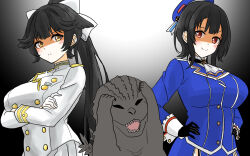 2girls ascot azur_lane beret black_gloves black_hair black_scales blue_hat blush bow breasts brown_eyes cat_covering_ears_(meme) commentary_request crossed_arms crossover garter_straps giant giant_monster gloves godzilla godzilla_(series) godzilla_minus_one hair_bow hair_ears hair_flaps hands_on_own_hips hat highres historical_name_connection ibuki_(tulta_icon) kaijuu kantai_collection large_breasts long_hair meme military military_uniform multiple_girls name_connection open_mouth ponytail red_eyes ribbon shaded_face sharp_teeth short_hair skirt spines takao_(azur_lane) takao_(kancolle) teeth toho uniform v-shaped_eyebrows very_long_tail white_bow