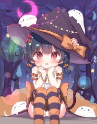 1girl arm_garter bare_shoulders black_hair black_thighhighs blunt_bangs blush bow brown_skirt buttons commentary_request crescent_moon double-parted_bangs feet_out_of_frame hair_ornament hairclip halloween hands_up hat hat_bow highres jack-o&#039;-lantern jack-o&#039;-lantern_hair_ornament looking_at_viewer low_twintails medium_hair miria_(mamamamave) moon night open_mouth orange_thighhighs original outdoors oversized_hat panties pantyshot pink_moon red_eyes shirt skirt striped_clothes striped_thighhighs tail teeth thighhighs twintails underwear upper_teeth_only white_panties white_shirt witch_hat 