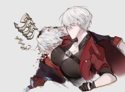  1boy 1girl age_difference aunt_and_nephew blood blush bouncing_breasts breasts coat dante_(devil_may_cry) devil_may_cry devil_may_cry_(series) devil_may_cry_4 femdom fingerless_gloves genderswap genderswap_(mtf) gloves hetero male_focus mature_female meme nero_(devil_may_cry) nosebleed power_connection punching red_coat short_hair simple_background trench_coat veelzlone white_hair 