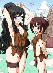 2girls armpits black_hair blue_eyes blush bone bottomless breasts brown_hair caveman censored cleavage cloud convenient_censoring covered_erect_nipples day flat_chest green_eyes hair_up highres large_breasts loli long_hair multiple_girls open_mouth original otoi_rekomaru pit-house prehistoric pterosaur pussy_juice ringlets sideboob sidelocks sky smile thighs tribal rating:Explicit score:76 user:danbooru