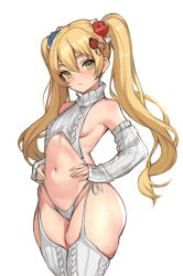  1girl absurdres blonde_hair breasts female_focus green_eyes hair_ornament highres indie_virtual_youtuber meme_attire revealing_clothes romania-chan_(artist) small_breasts solo sweater thick_thighs thighs twintails virgin_destroyer_sweater virtual_youtuber  rating:Sensitive score:40 user:duculescu