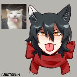  absurdres animal_ears black_hair cainternn cat cat_ears cat_girl dungeon_meshi highres izutsumi monster_girl red_scarf scarf short_hair simple_background slit_pupils tongue tongue_out 