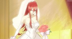  1girl animated animated_gif bare_shoulders bouquet breasts bridal_veil cleavage dress elbow_gloves erza_scarlet fairy_tail fairy_tail_houou_no_miko flower gloves large_breasts long_hair lowres red_hair sword veil weapon wedding_dress white_dress 
