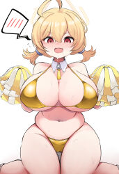  10eki_(tenchou) 1girl absurdres ahoge alternate_breast_size alternate_costume bikini blue_archive blush breasts commentary_request detached_collar gold_bikini hair_between_eyes halo highres holding holding_pom_poms huge_breasts kotori_(blue_archive) navel open_mouth pom_pom_(cheerleading) pom_poms short_twintails sideboob simple_background sitting solo spoken_blush stomach sweat swimsuit thighs twintails underboob white_background yellow_halo 