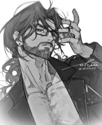  1boy bara beard_stubble bespectacled dark-skinned_male dark_skin dutch_angle facial_hair glasses greyscale half-closed_eyes hand_up head_tilt highres long_hair male_focus mature_male monochrome okiii pectoral_cleavage pectorals reverse:1999 shamane solo sparse_chest_hair stubble thick_eyebrows tsurime upper_body 