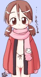 1girl blush brown_eyes brown_hair cleft_of_venus flat_chest ikkyuu loli mittens navel no_panties open_clothes open_shirt pussy scarf shirt simple_background solo source_request thigh_gap translation_request twintails uncensored rating:Explicit score:12 user:Tom23
