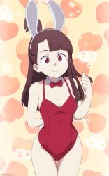 1girl animal_ears anime_coloring arm_behind_back artist_name asymmetrical_bangs bare_shoulders blunt_bangs bow bowtie breasts brown_hair bunny_day cleavage commentary cowboy_shot detached_collar fake_animal_ears groin hand_up heart high_ponytail highres kagari_atsuko leotard little_witch_academia long_hair looking_at_viewer medium_breasts once_11h playboy_bunny red_bow red_eyes red_leotard smile solo wide_hips rating:Sensitive score:89 user:danbooru