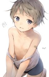  1boy ? blue_eyes blush cocolo_(co_co_lo) fang highres light_brown_hair looking_at_viewer male_focus nipples original short_shorts shorts shota simple_background skin_fang solo sweatdrop tank_top white_background  rating:Questionable score:83 user:danbooru