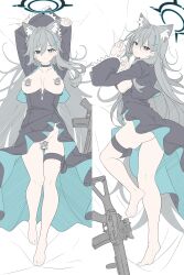  1girl absurdres animal_ear_fluff animal_ears arms_up ass assault_rifle barefoot bed_sheet black_dress black_eyes black_halo blue_archive breasts broken_halo censored character_censor commentary cross cross_hair_ornament dakimakura_(medium) dress extra_ears gun hair_ornament halo highres inverted_cross large_breasts long_hair long_sleeves looking_at_viewer lying masabodo no_bra no_panties novelty_censor on_back on_bed rifle shiroko_(blue_archive) shiroko_terror_(blue_archive) sig_551 sig_sauer symbol-only_commentary thigh_strap thighs toes weapon wolf_ears wolf_girl 