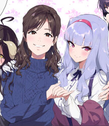  4girls ahoge albedo_(overlord) blue_sweater blunt_bangs blush brown_hair floral_background grey_hair hairband hands_on_another&#039;s_shoulders hara_yumi highres holding_hands idolmaster idolmaster_(classic) idolmaster_million_live! kanoe_yuuko looking_at_viewer midnamana multiple_girls neck_ribbon overlord_(maruyama) pink_eyes pink_hairband real_life ribbon shijou_takane sidelocks smile sweater tasogare_otome_x_amnesia upper_body voice_actor voice_actor_connection 