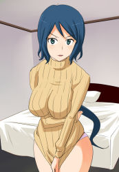 10s 1girl bed blue_hair breast_hold breasts clothes_pull corner covering_privates female_focus green_eyes gundam gundam_build_fighters highres hotel_room iori_rinko large_breasts legs long_hair looking_at_viewer md5_mismatch mature_female moonray no_pants panties parted_lips pillow ponytail ribbed_sweater ribbed_turtleneck_sweater serious shirt_pull solo standing sweater thighs turtleneck turtleneck_sweater underwear